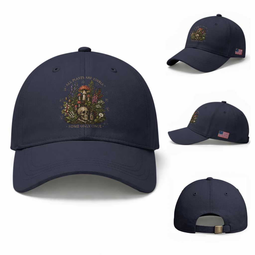 All Plants Are Edible Some Only Once Baseball Cap Vintage Botanical Mushroom Skull Gothic Plant Lover