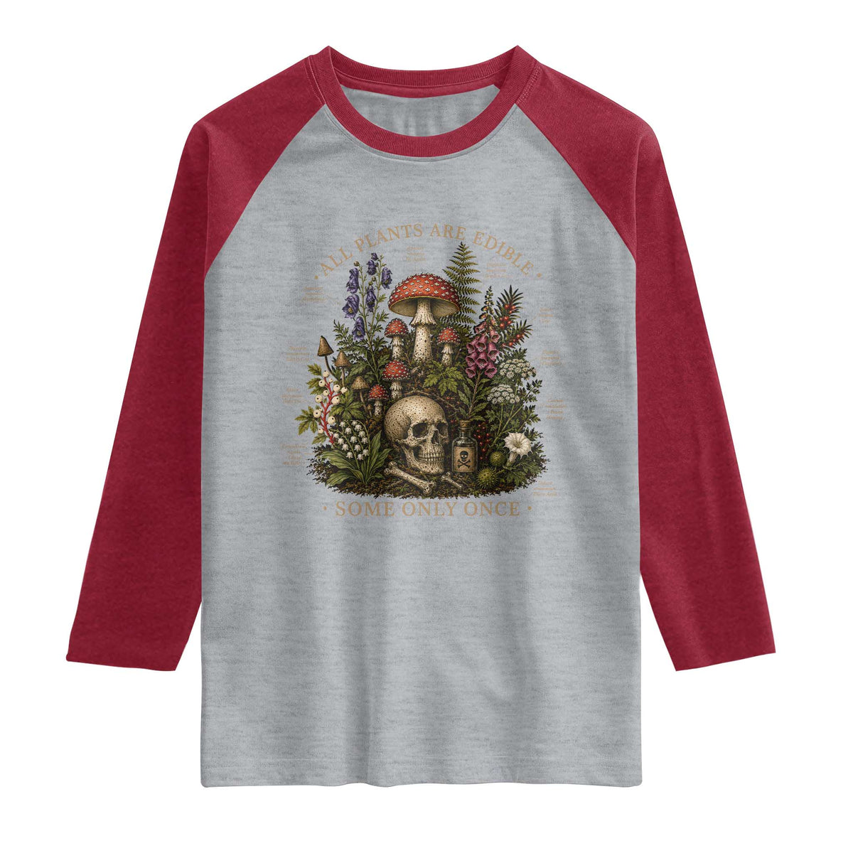 All Plants Are Edible Some Only Once Raglan Shirt Vintage Botanical Mushroom Skull Gothic Plant Lover