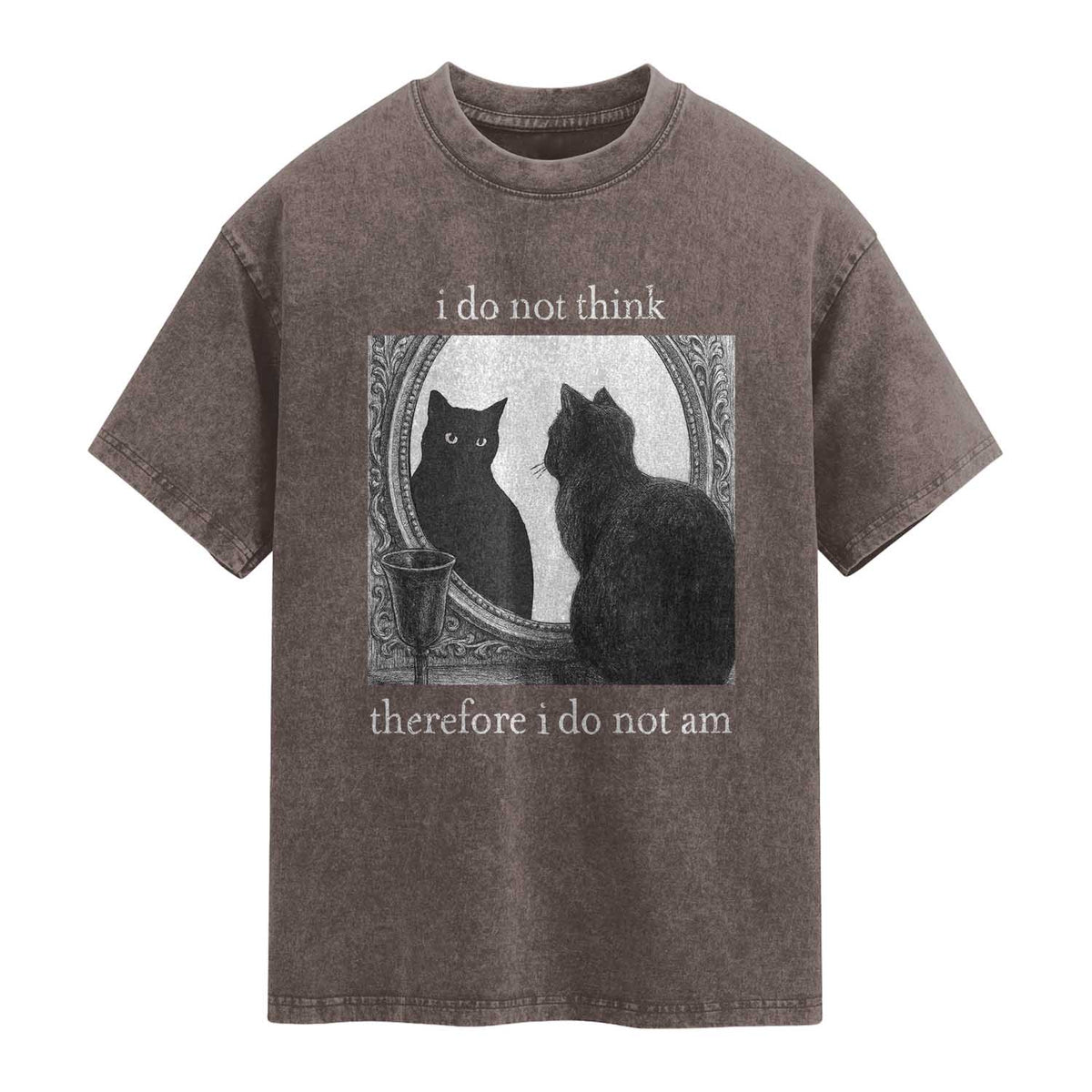 Funny Cat Washed Cotton T-Shirt I Do Not Think Therefore I Do Not Am Goth Emo Grunge Witchy