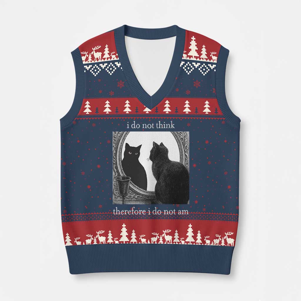 Funny Cat V-Neck Knit Sweater Vest I Do Not Think Therefore I Do Not Am Goth Emo Grunge Witchy - Wonder Print Shop