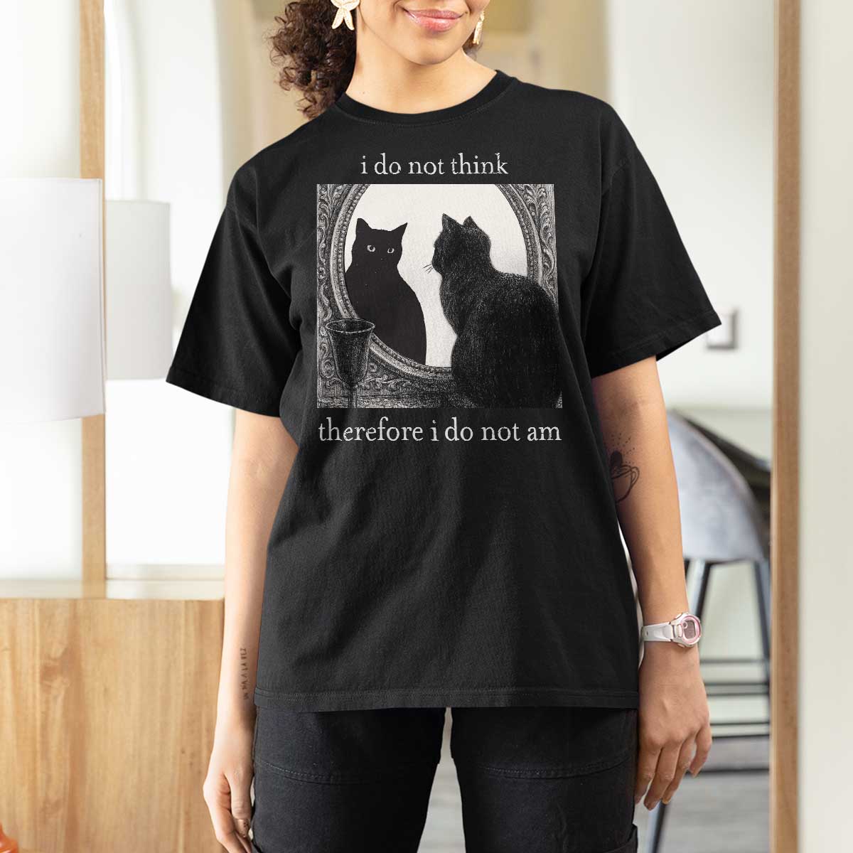 Funny Cat T Shirt For Women I Do Not Think Therefore I Do Not Am Goth Emo Grunge Witchy - Wonder Print Shop