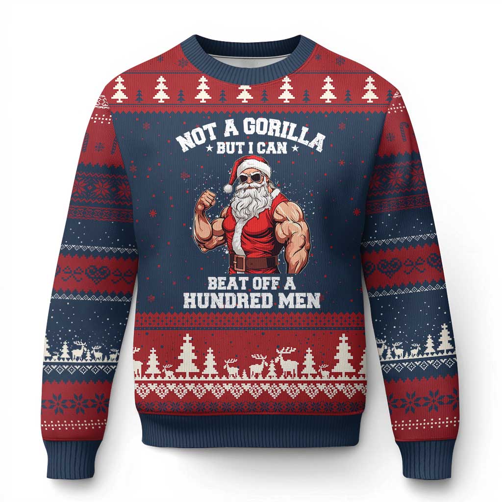 Funny Muscle Santa Ugly Christmas Sweater Not A Gorilla But I Can Beat Off 100 Men Bodybuilder Xmas - Wonder Print Shop