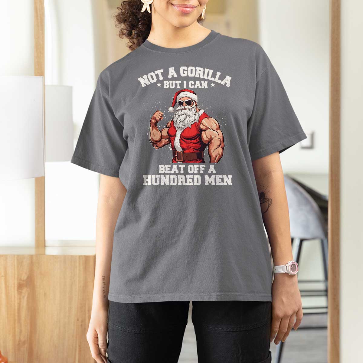 Funny Muscle Santa T Shirt For Women Not A Gorilla But I Can Beat Off 100 Men Bodybuilder Christmas - Wonder Print Shop