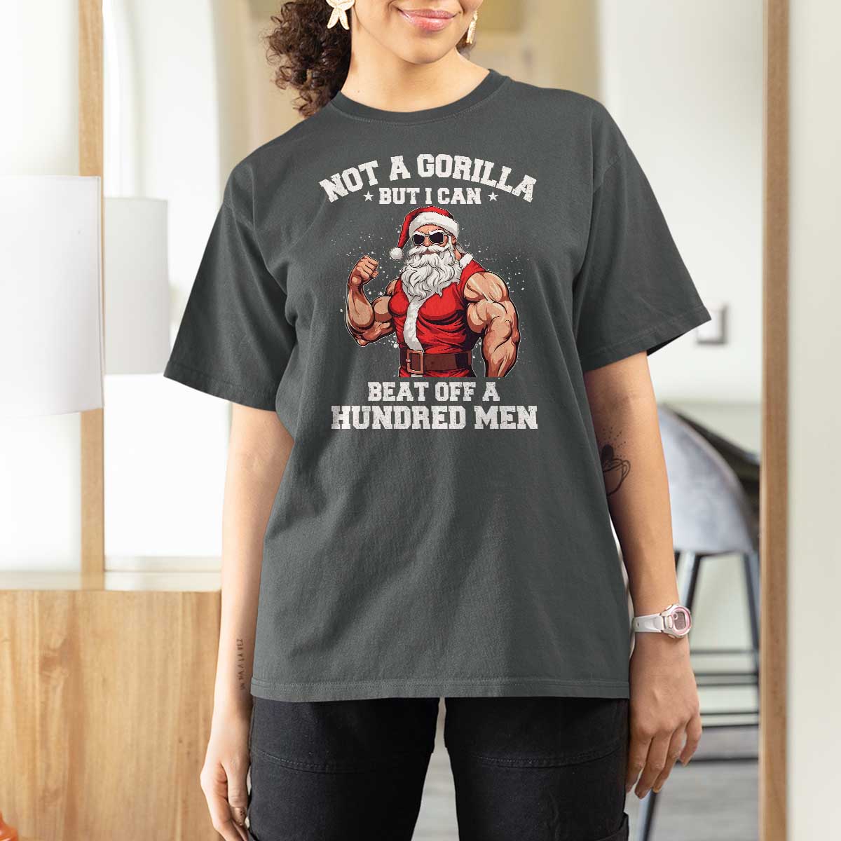 Funny Muscle Santa T Shirt For Women Not A Gorilla But I Can Beat Off 100 Men Bodybuilder Christmas - Wonder Print Shop