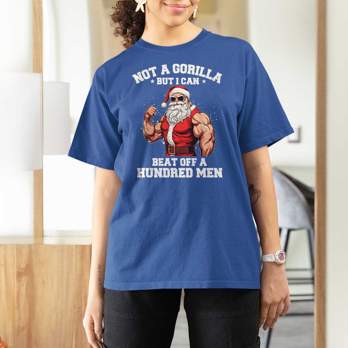 Funny Muscle Santa T Shirt For Women Not A Gorilla But I Can Beat Off 100 Men Bodybuilder Christmas - Wonder Print Shop