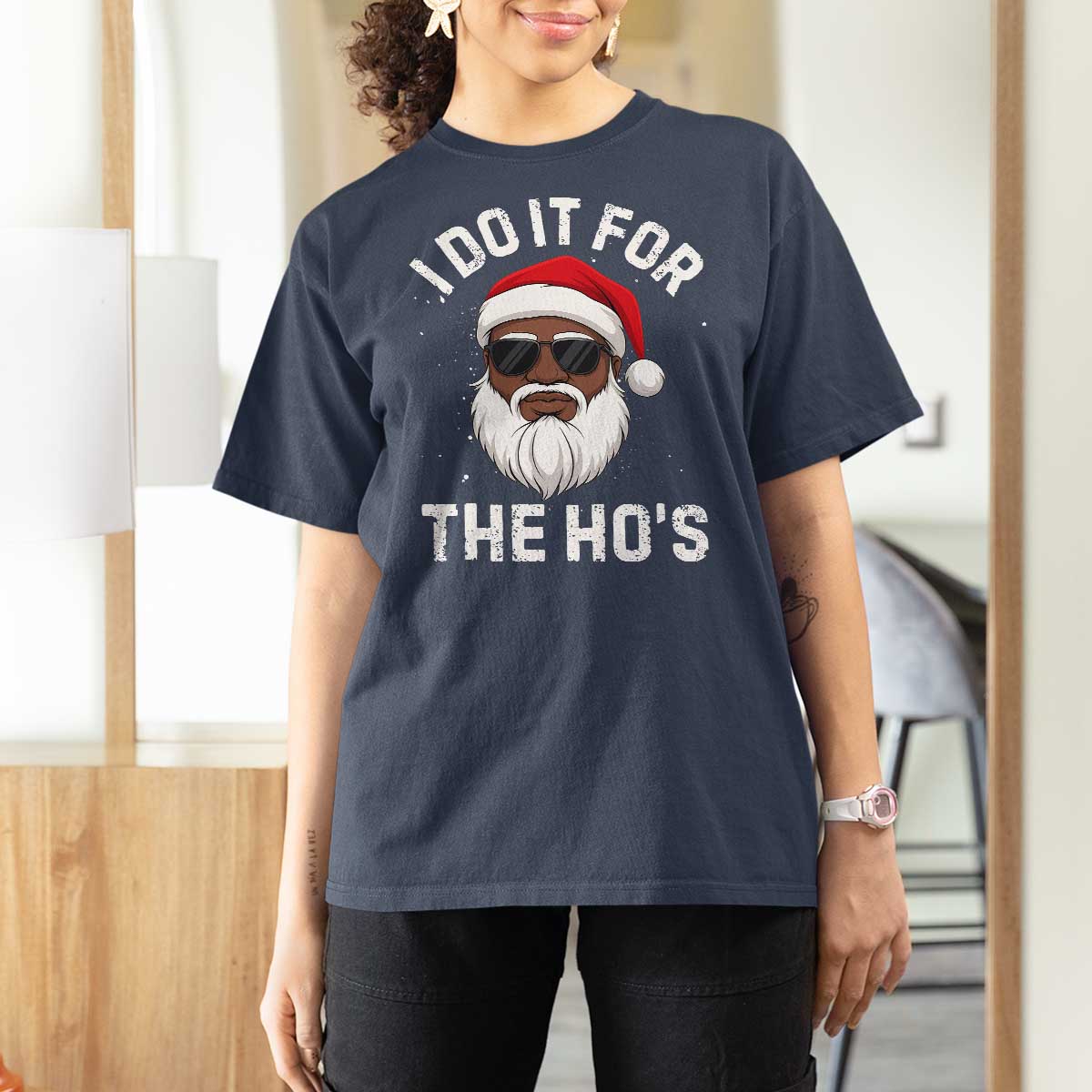 I Do It For The Hos Black Santa Christmas T Shirt For Women Funny Inappropriate Rude Santa - Wonder Print Shop
