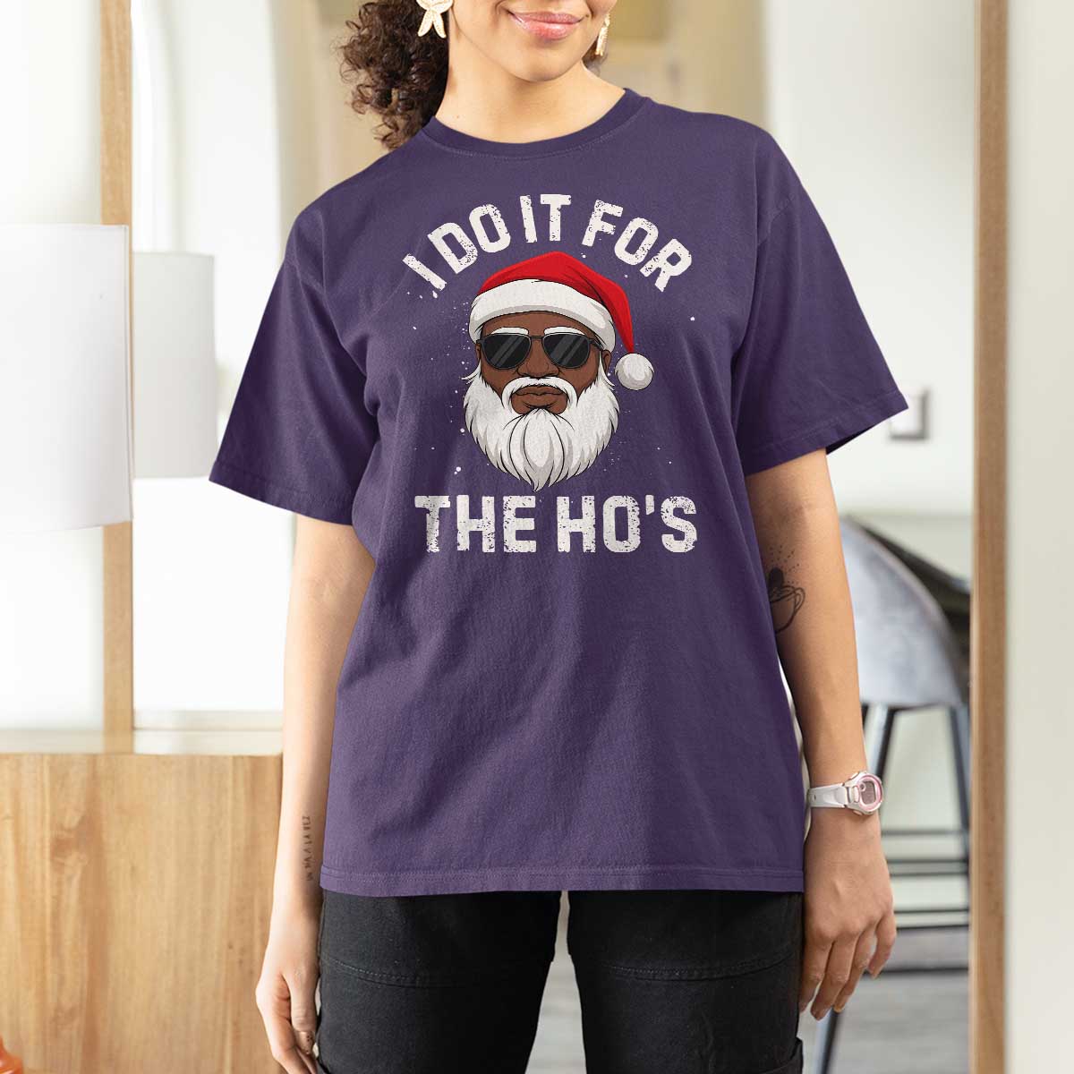 I Do It For The Hos Black Santa Christmas T Shirt For Women Funny Inappropriate Rude Santa - Wonder Print Shop