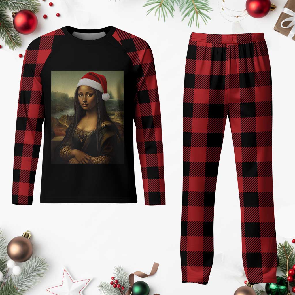 Funny Black Christmas Plaid Pajama Set Vintage Mona Lisa Afro Santa Da Vinci Xmas - Wonder Print Shop
