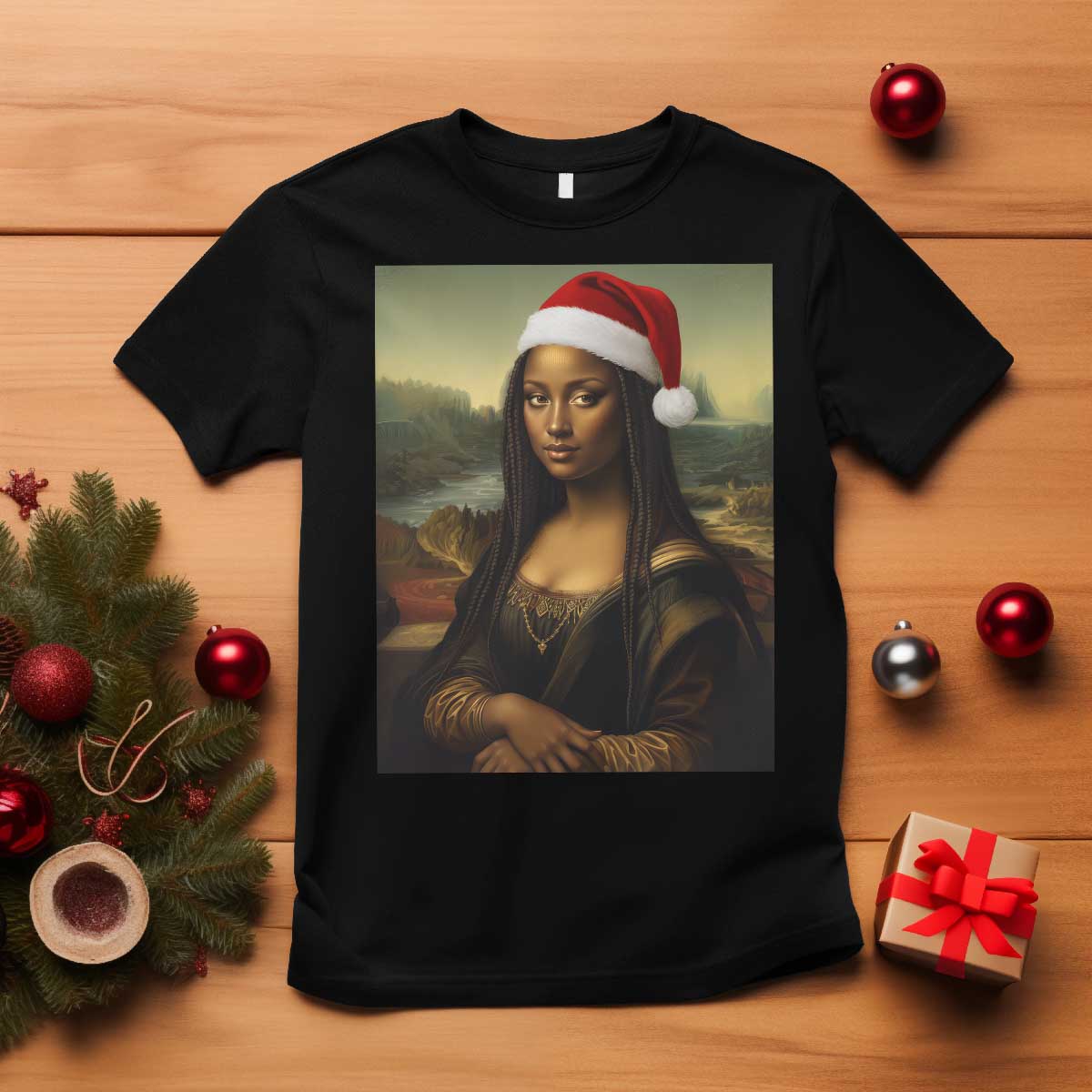 Funny Black Christmas T Shirt Vintage Mona Lisa Afro Santa Da Vinci Xmas - Wonder Print Shop