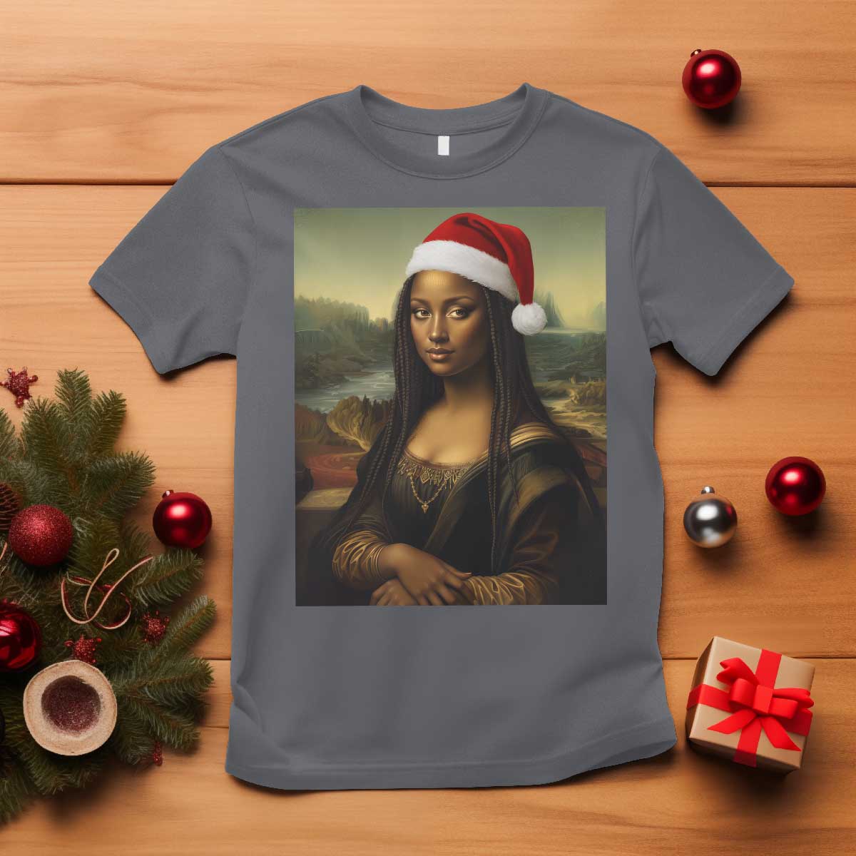 Funny Black Christmas T Shirt Vintage Mona Lisa Afro Santa Da Vinci Xmas - Wonder Print Shop
