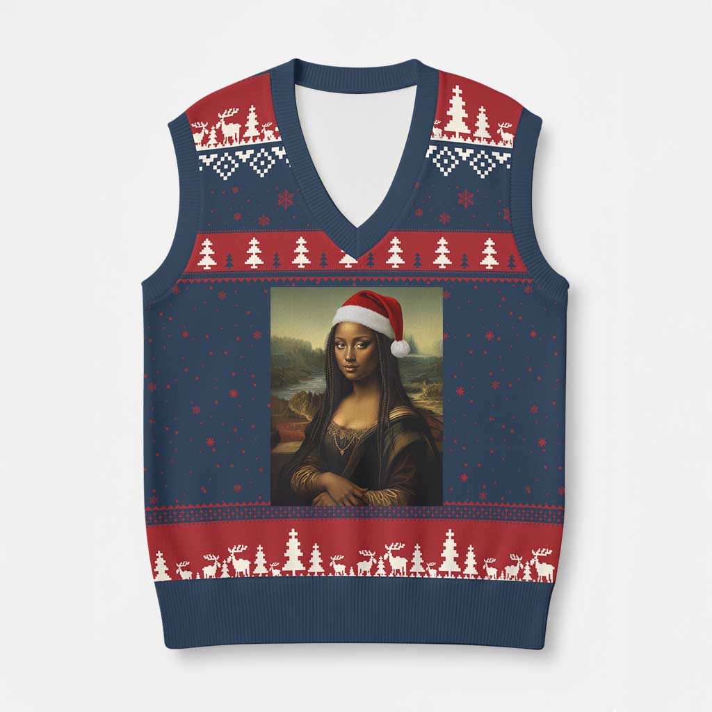 Funny Black Xmas V-Neck Knit Sweater Vest Vintage Mona Lisa Afro Santa Da Vinci Xmas - Wonder Print Shop