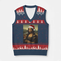 Funny Black Xmas V-Neck Knit Sweater Vest Vintage Mona Lisa Afro Santa Da Vinci Xmas - Wonder Print Shop