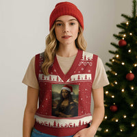 Funny Black Xmas V-Neck Knit Sweater Vest Vintage Mona Lisa Afro Santa Da Vinci Xmas - Wonder Print Shop