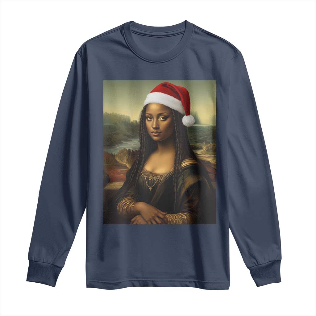 Funny Black Christmas Long Sleeve Shirt Vintage Mona Lisa Afro Santa Da Vinci Xmas - Wonder Print Shop