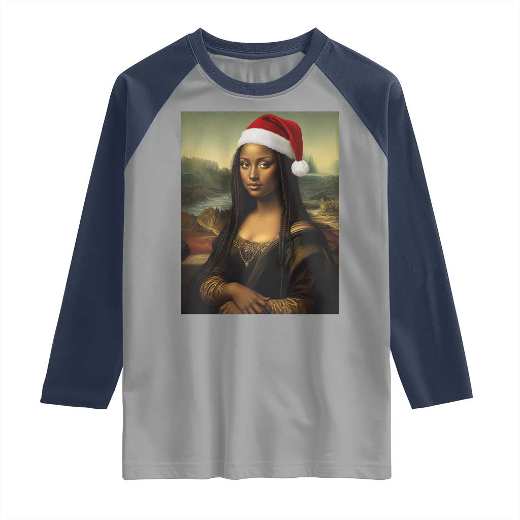 Funny Black Christmas Raglan Shirt Vintage Mona Lisa Afro Santa Da Vinci Xmas - Wonder Print Shop