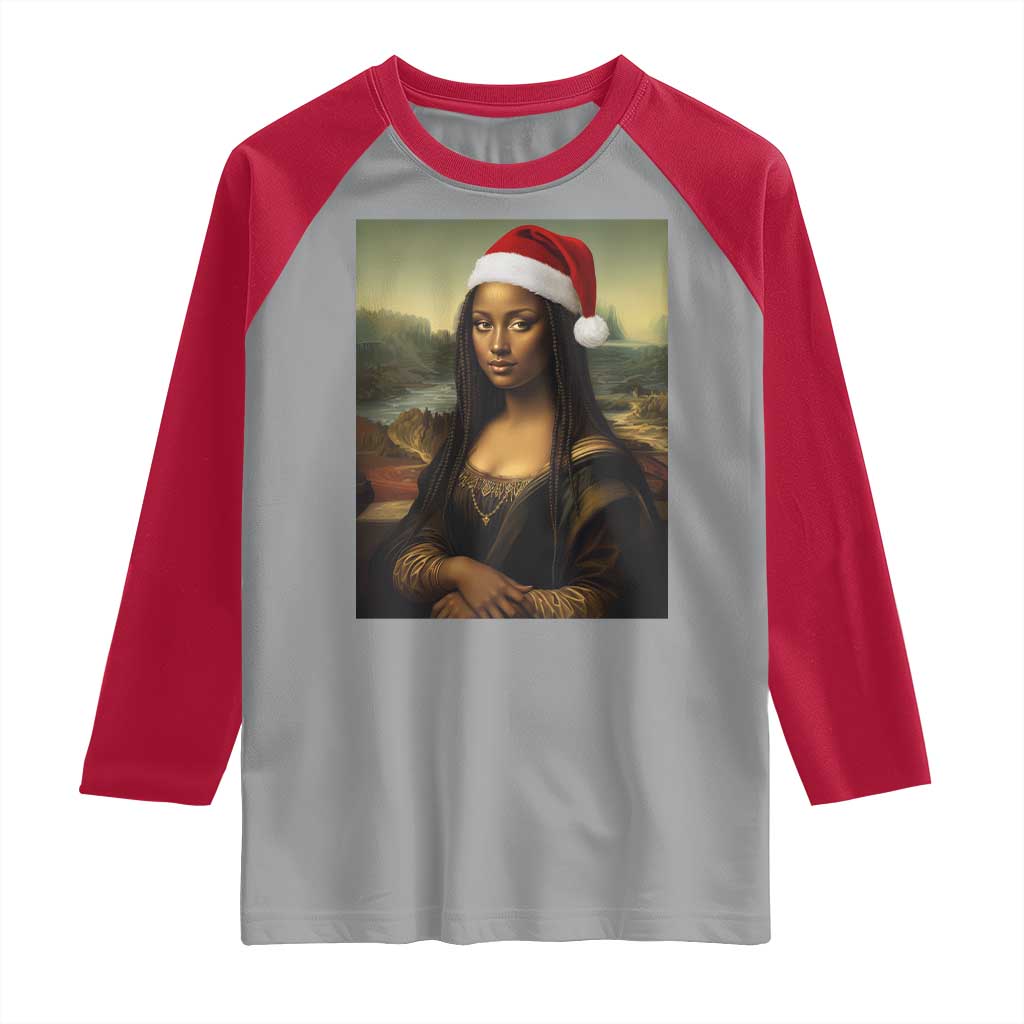 Funny Black Christmas Raglan Shirt Vintage Mona Lisa Afro Santa Da Vinci Xmas - Wonder Print Shop