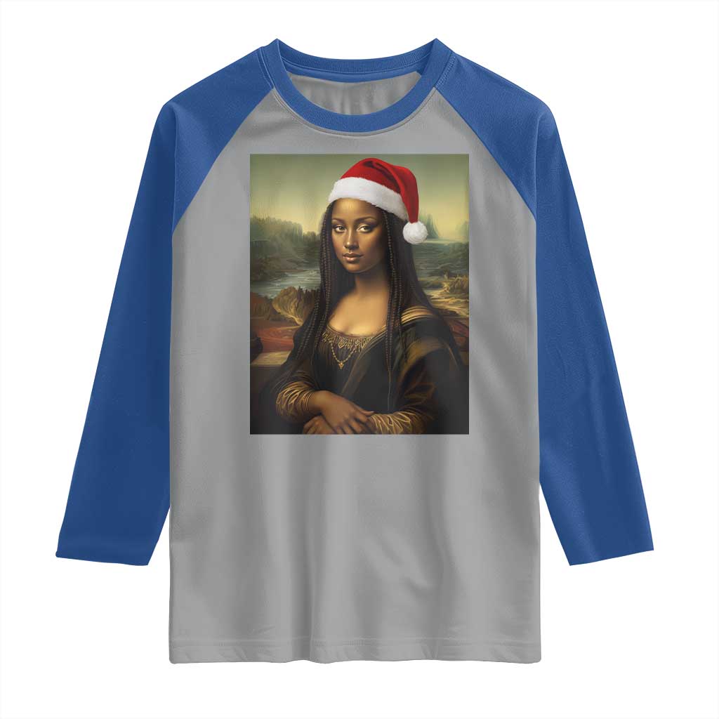 Funny Black Christmas Raglan Shirt Vintage Mona Lisa Afro Santa Da Vinci Xmas - Wonder Print Shop