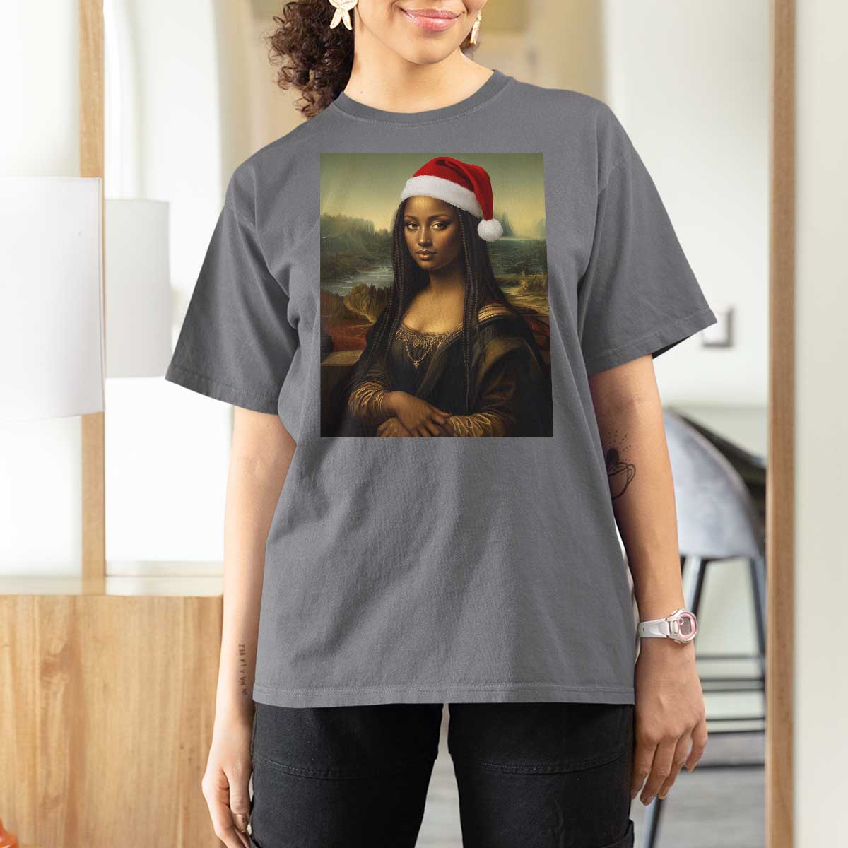 Funny Black Christmas T Shirt For Women Vintage Mona Lisa Afro Santa Da Vinci Xmas - Wonder Print Shop