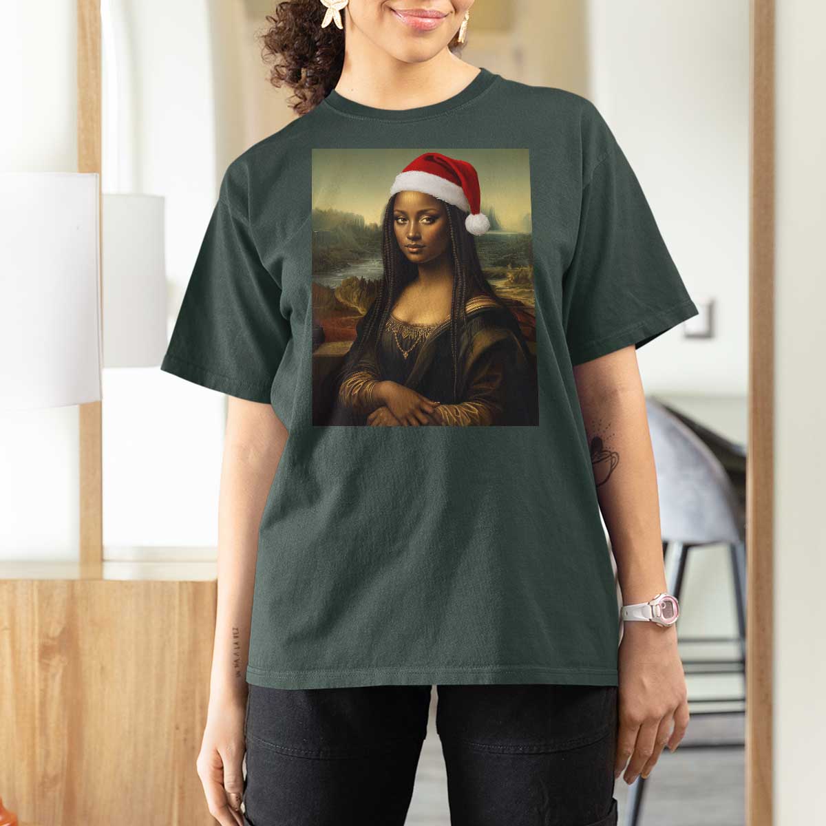 Funny Black Christmas T Shirt For Women Vintage Mona Lisa Afro Santa Da Vinci Xmas - Wonder Print Shop