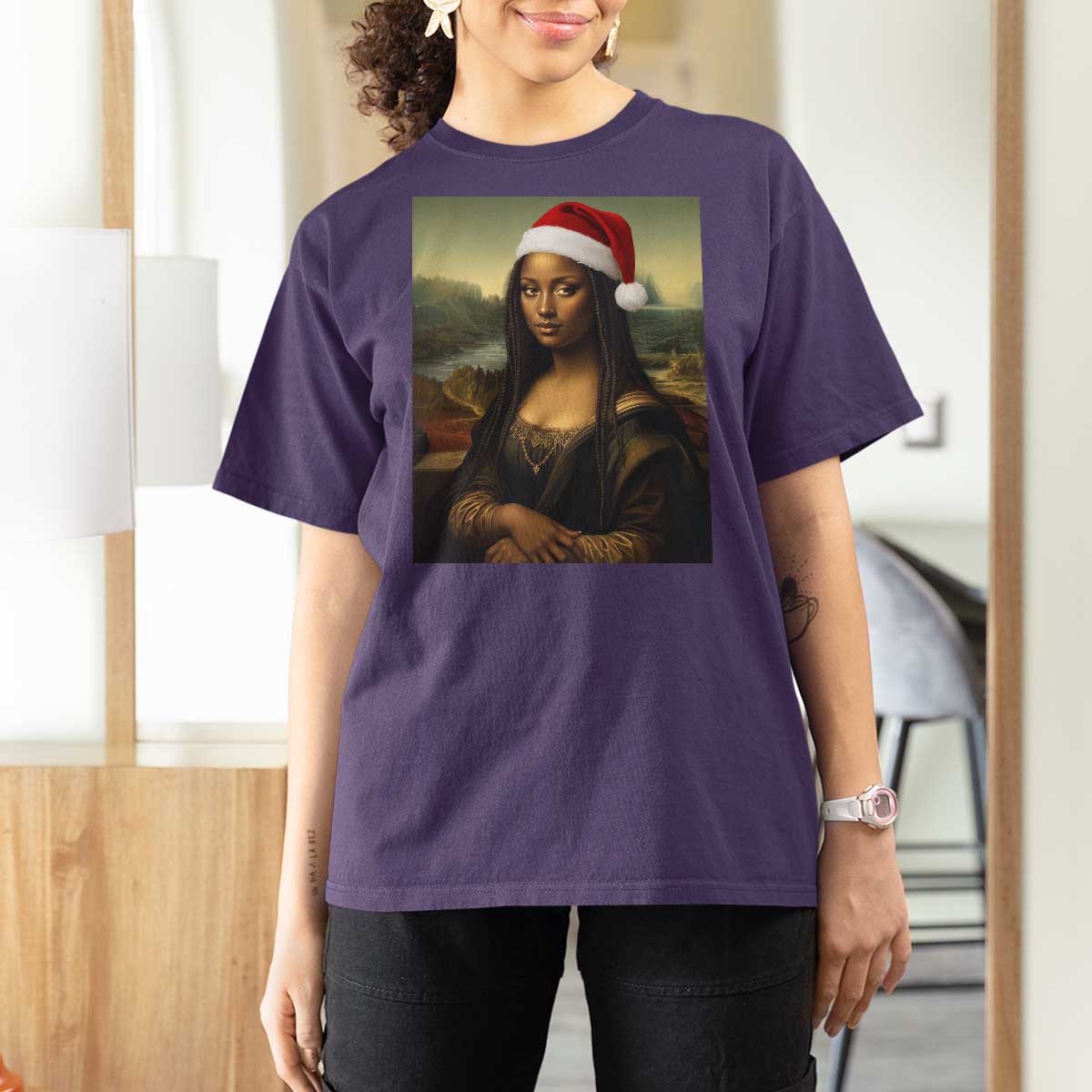 Funny Black Christmas T Shirt For Women Vintage Mona Lisa Afro Santa Da Vinci Xmas - Wonder Print Shop