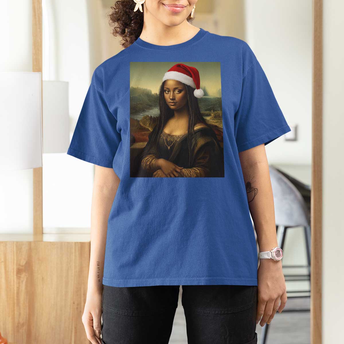 Funny Black Christmas T Shirt For Women Vintage Mona Lisa Afro Santa Da Vinci Xmas - Wonder Print Shop