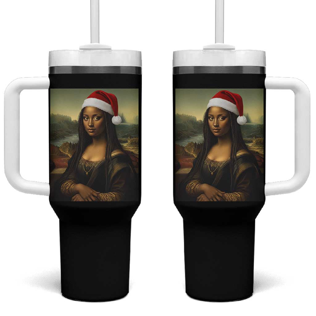 Funny Black Christmas Tumbler With Handle Vintage Mona Lisa Afro Santa Da Vinci Xmas - Wonder Print Shop