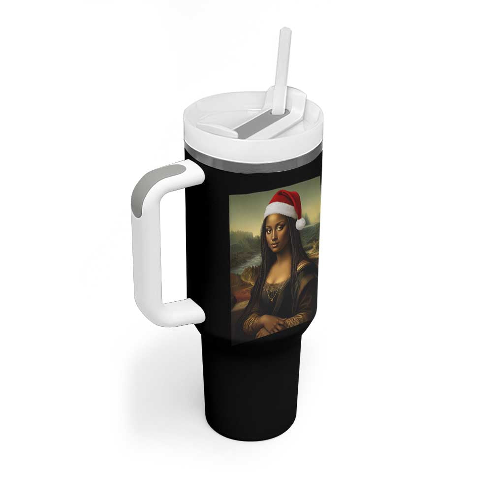 Funny Black Christmas Tumbler With Handle Vintage Mona Lisa Afro Santa Da Vinci Xmas - Wonder Print Shop