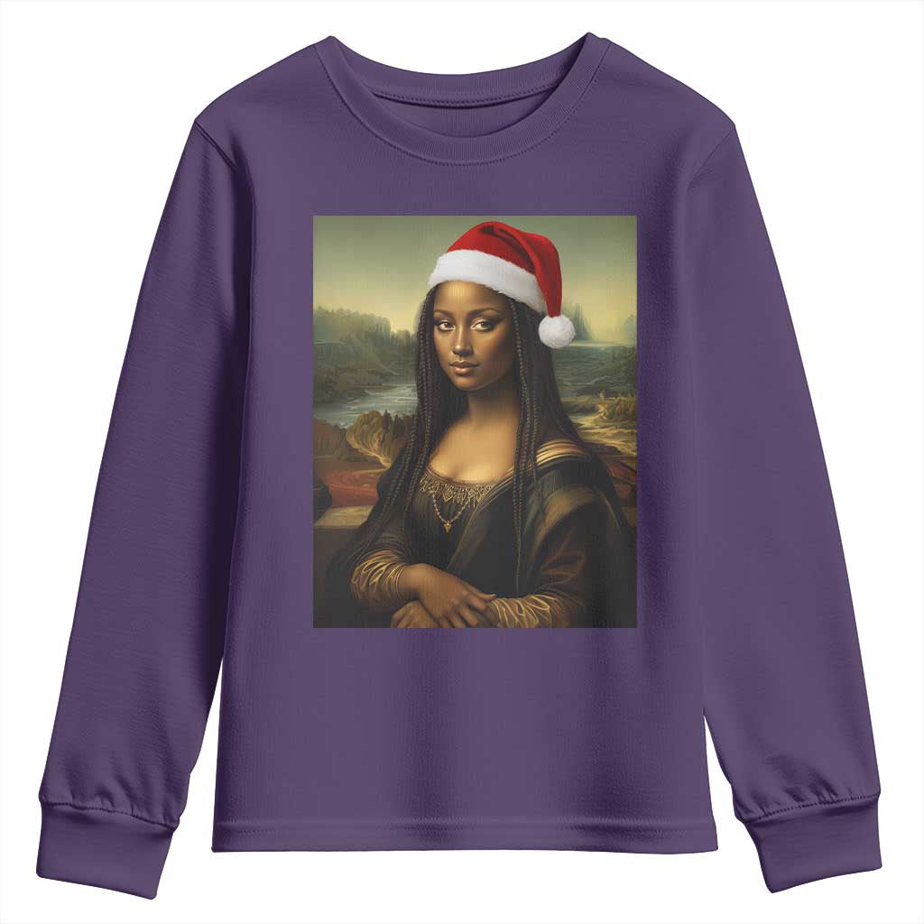 Funny Black Christmas Youth Sweatshirt Vintage Mona Lisa Afro Santa Da Vinci Xmas - Wonder Print Shop