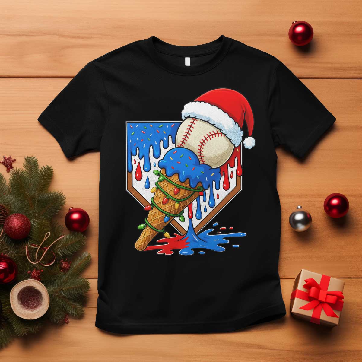 Christmas Baseball Ice Cream Drip T Shirt Santa Sports Player Xmas Light Boys Baseball Bat - Wonder Print Shop