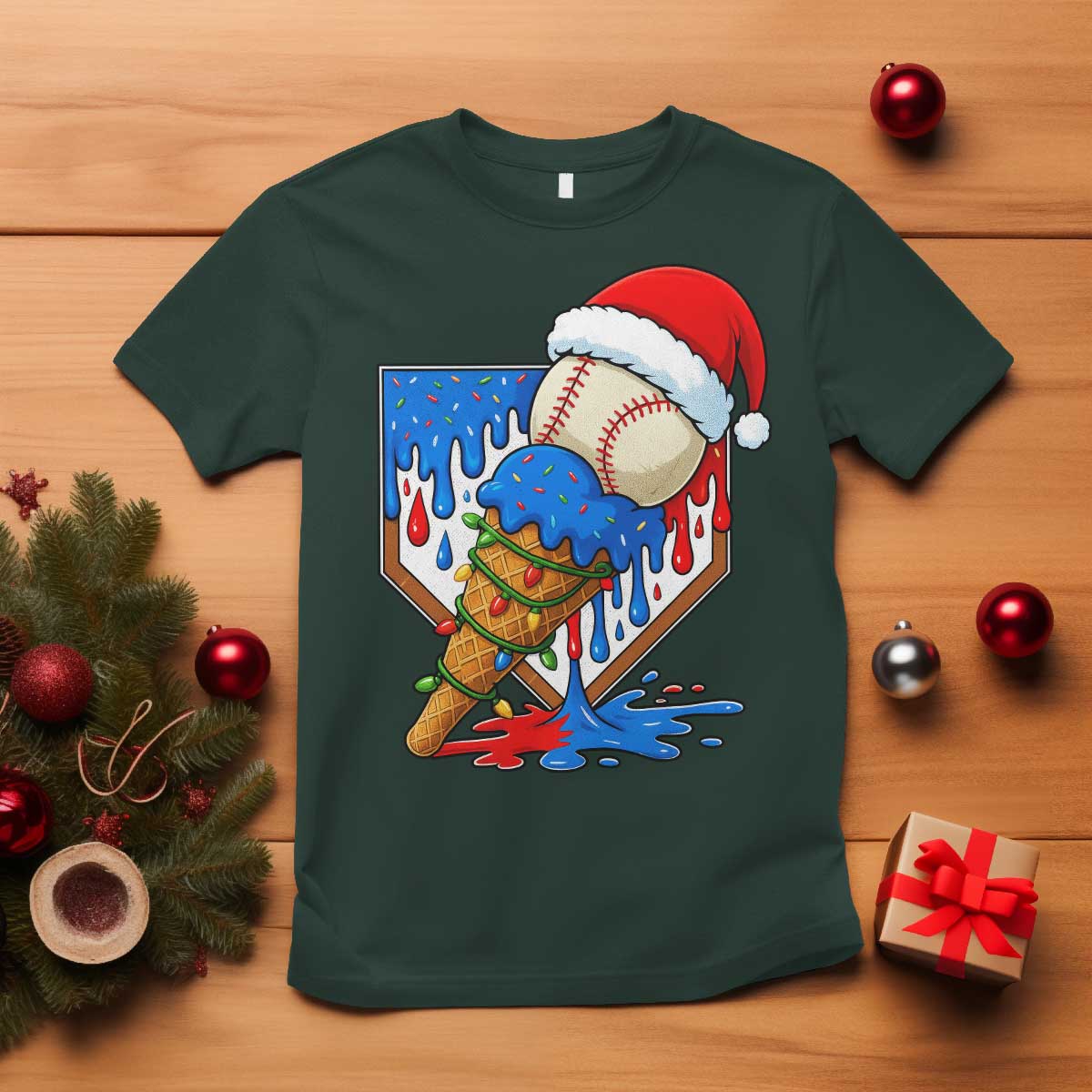 Christmas Baseball Ice Cream Drip T Shirt Santa Sports Player Xmas Light Boys Baseball Bat - Wonder Print Shop