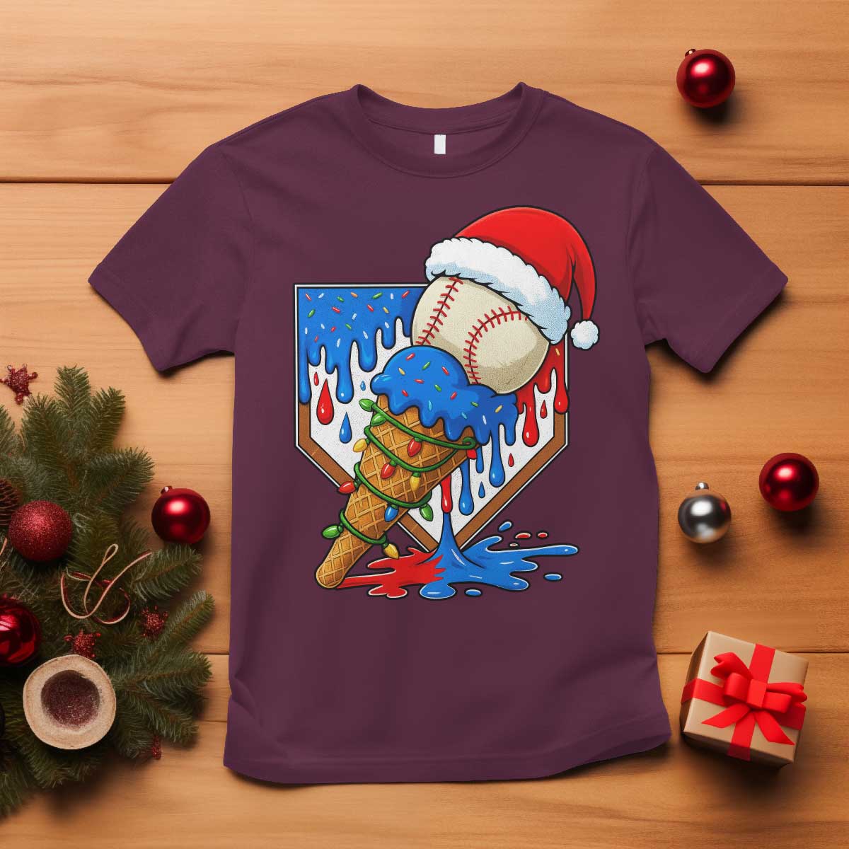 Christmas Baseball Ice Cream Drip T Shirt Santa Sports Player Xmas Light Boys Baseball Bat - Wonder Print Shop