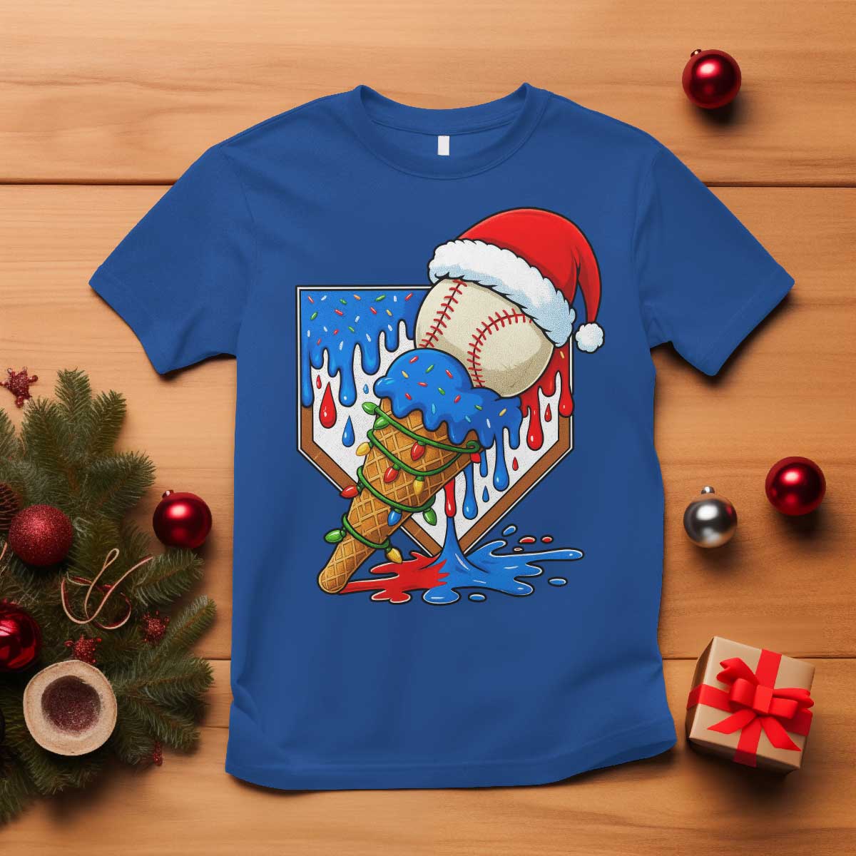 Christmas Baseball Ice Cream Drip T Shirt Santa Sports Player Xmas Light Boys Baseball Bat - Wonder Print Shop