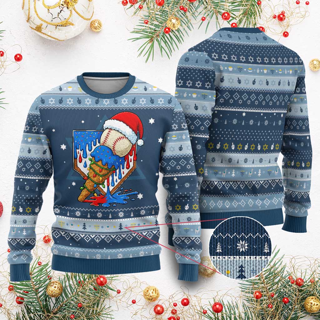 Christmas Baseball Ice Cream Drip Hanukkah Ugly Sweater Santa Sports Player Xmas Light Boys Baseball Bat - undefined