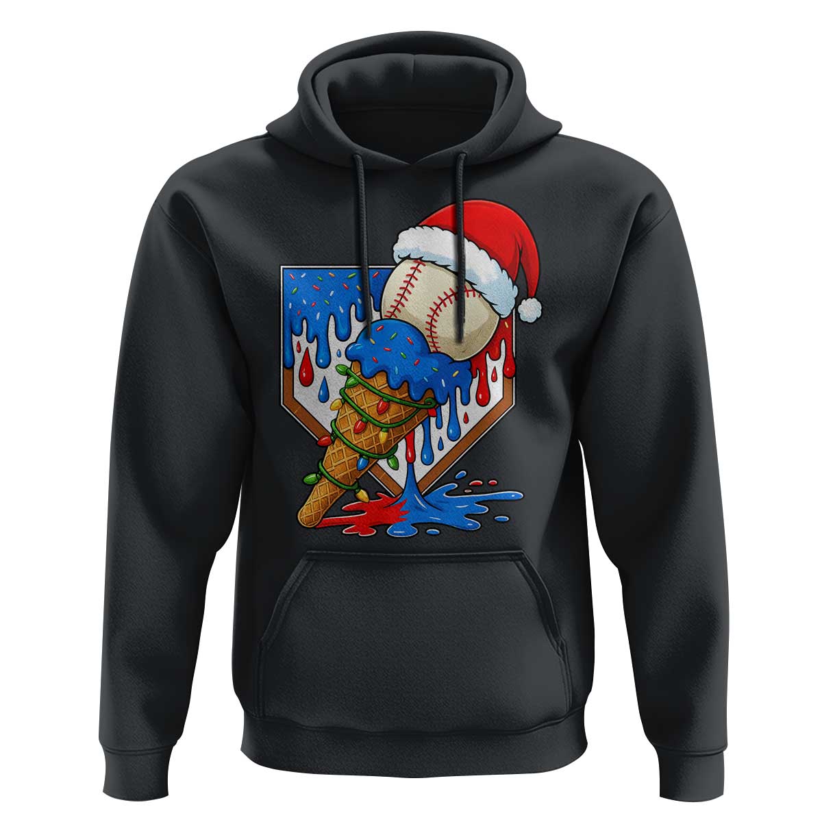 Christmas Baseball Ice Cream Drip Hoodie Santa Sports Player Xmas Light Boys Baseball Bat - Wonder Print Shop