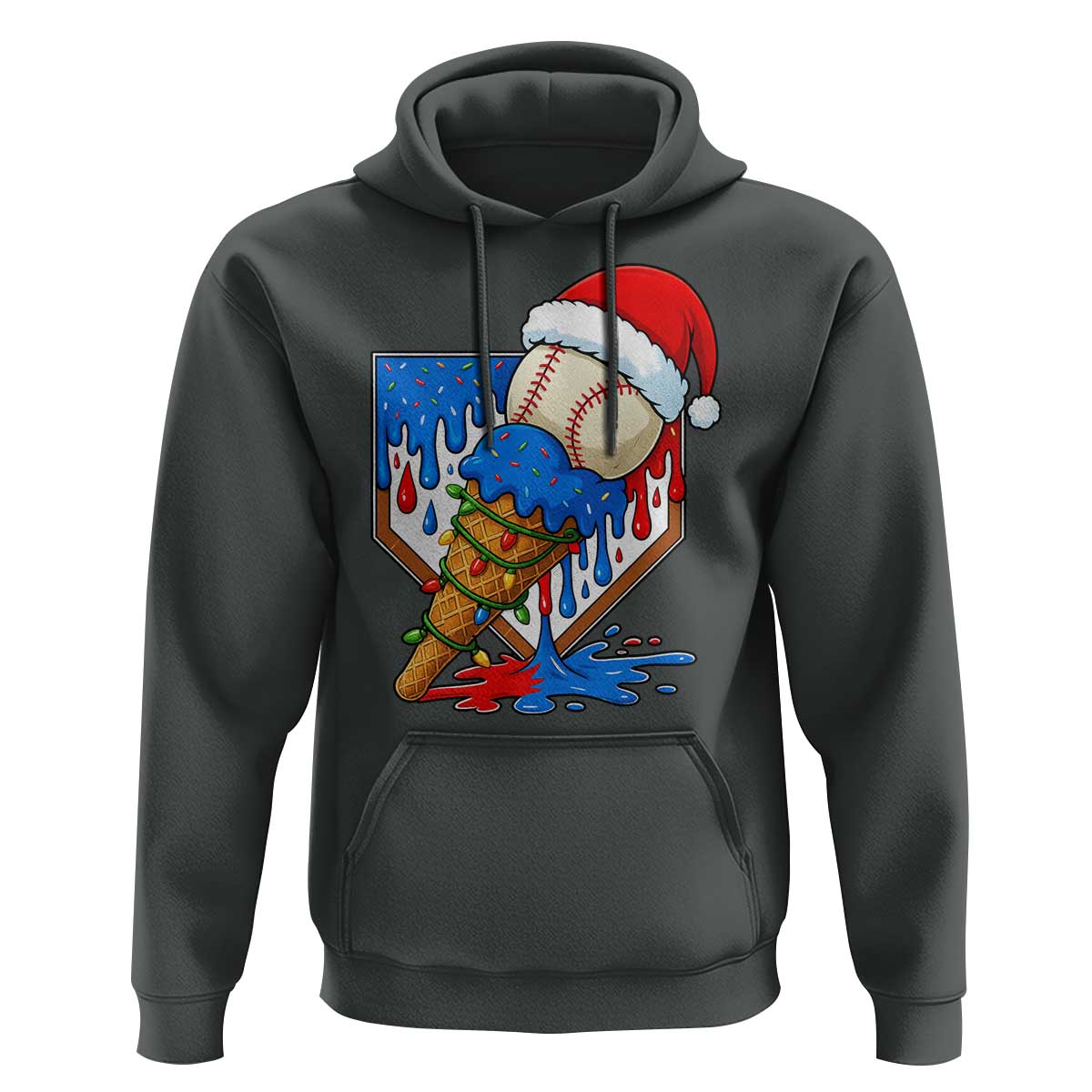 Christmas Baseball Ice Cream Drip Hoodie Santa Sports Player Xmas Light Boys Baseball Bat - Wonder Print Shop