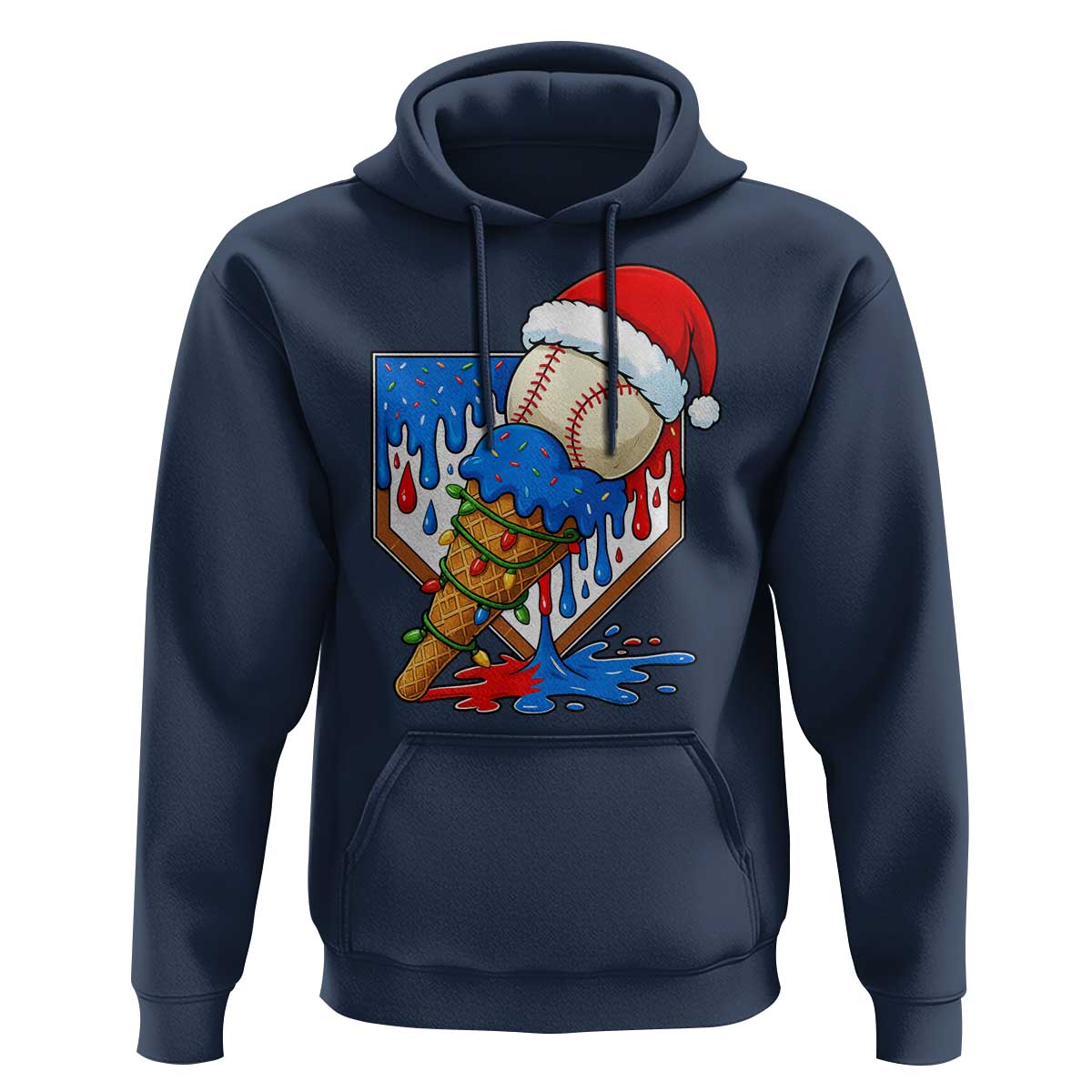 Christmas Baseball Ice Cream Drip Hoodie Santa Sports Player Xmas Light Boys Baseball Bat - Wonder Print Shop