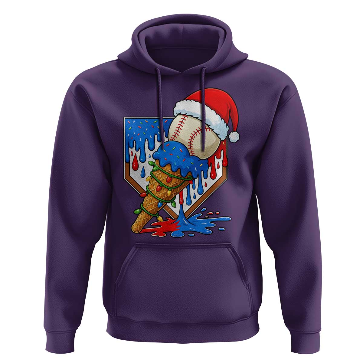 Christmas Baseball Ice Cream Drip Hoodie Santa Sports Player Xmas Light Boys Baseball Bat - Wonder Print Shop