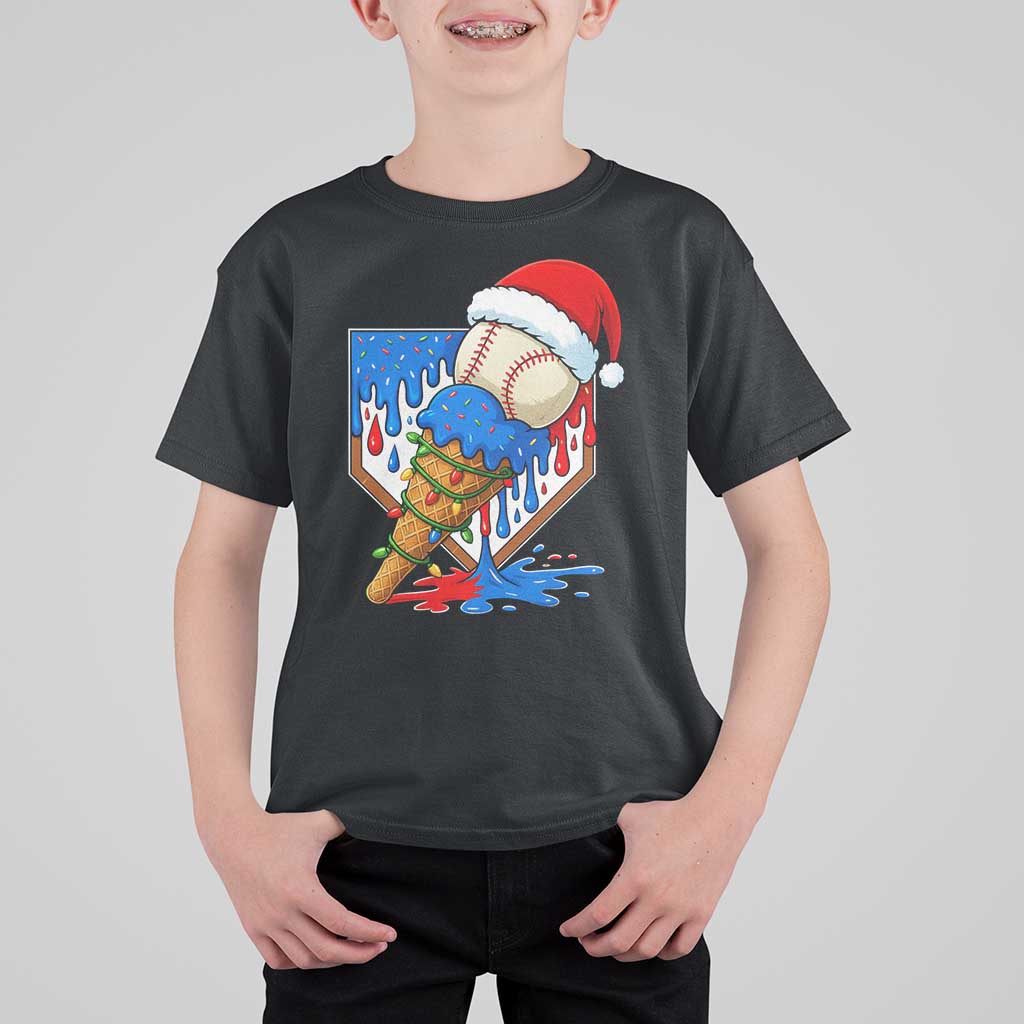 Christmas Baseball Ice Cream Drip T Shirt For Kid Santa Sports Player Xmas Light Boys Baseball Bat - Wonder Print Shop