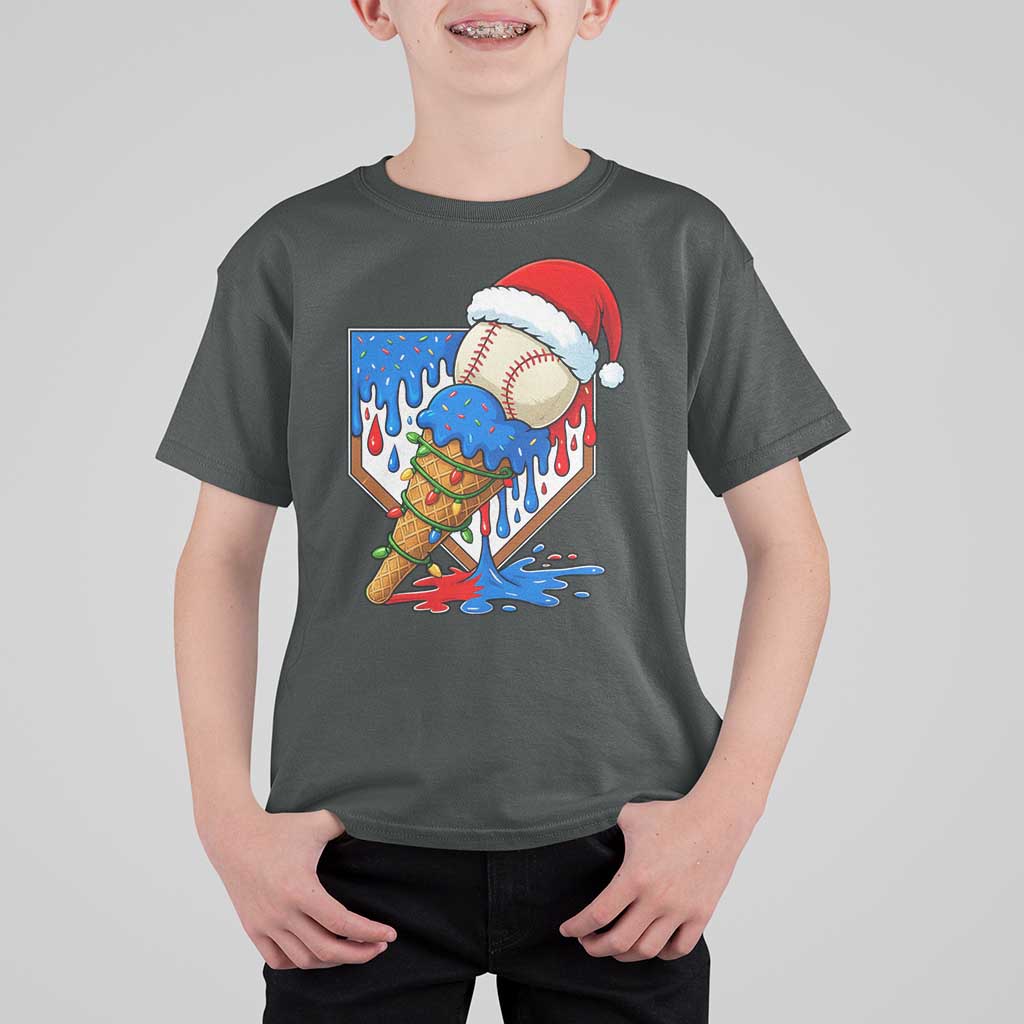 Christmas Baseball Ice Cream Drip T Shirt For Kid Santa Sports Player Xmas Light Boys Baseball Bat - Wonder Print Shop