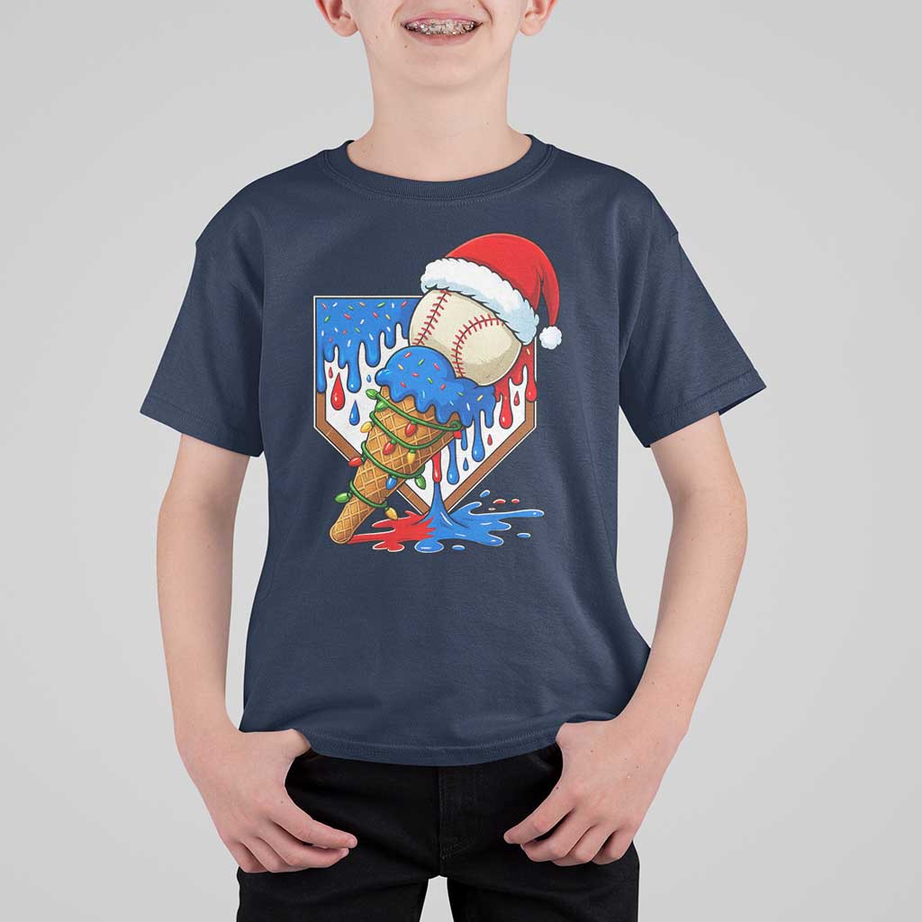 Christmas Baseball Ice Cream Drip T Shirt For Kid Santa Sports Player Xmas Light Boys Baseball Bat - Wonder Print Shop