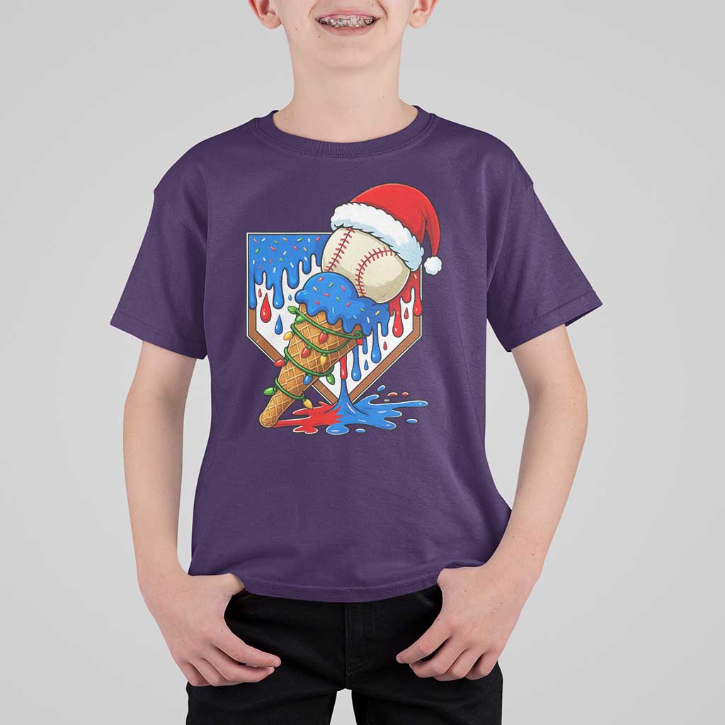 Christmas Baseball Ice Cream Drip T Shirt For Kid Santa Sports Player Xmas Light Boys Baseball Bat - Wonder Print Shop