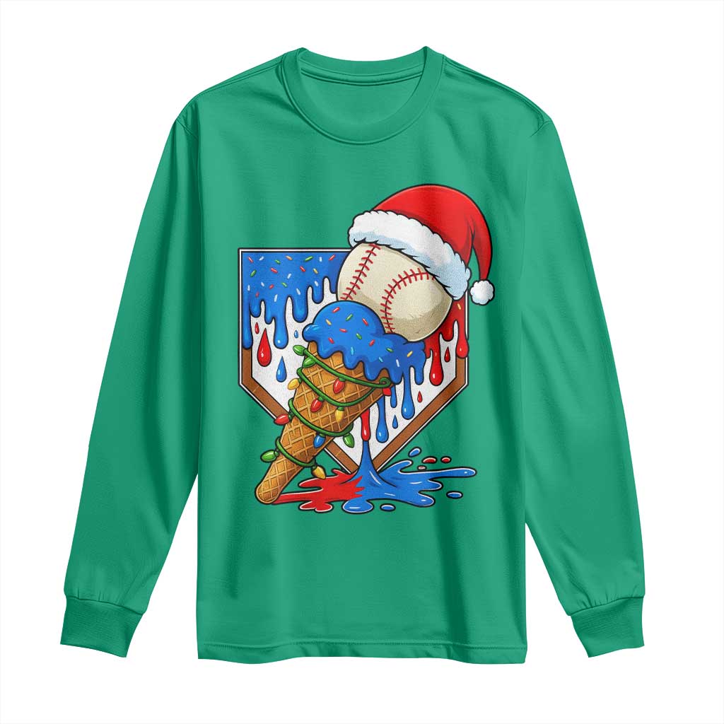 Christmas Baseball Ice Cream Drip Long Sleeve Shirt Santa Sports Player Xmas Light Boys Baseball Bat - Wonder Print Shop