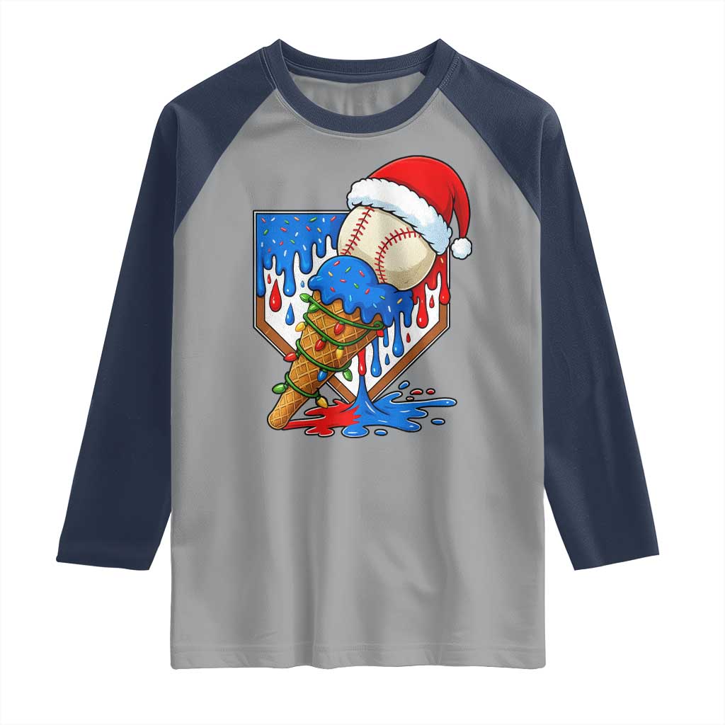 Christmas Baseball Ice Cream Drip Raglan Shirt Santa Sports Player Xmas Light Boys Baseball Bat - Wonder Print Shop