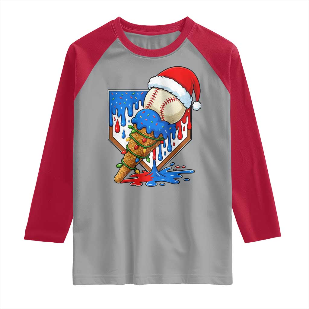 Christmas Baseball Ice Cream Drip Raglan Shirt Santa Sports Player Xmas Light Boys Baseball Bat - Wonder Print Shop