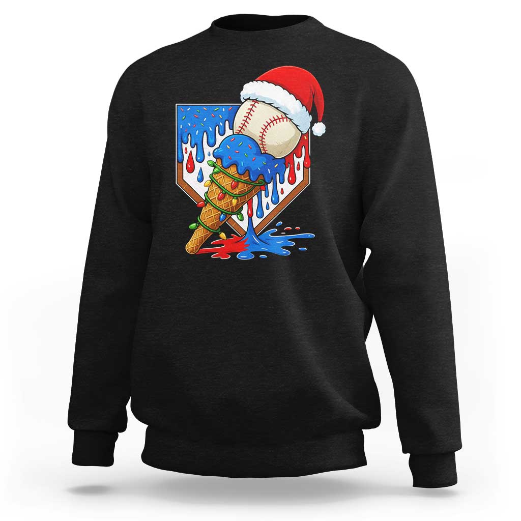 Christmas Baseball Ice Cream Drip Sweatshirt Santa Sports Player Xmas Light Boys Baseball Bat - Wonder Print Shop