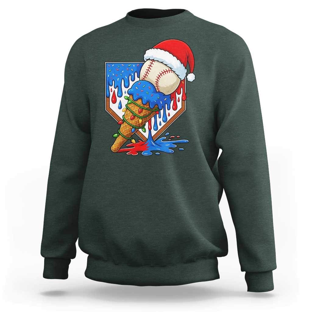 Christmas Baseball Ice Cream Drip Sweatshirt Santa Sports Player Xmas Light Boys Baseball Bat - Wonder Print Shop