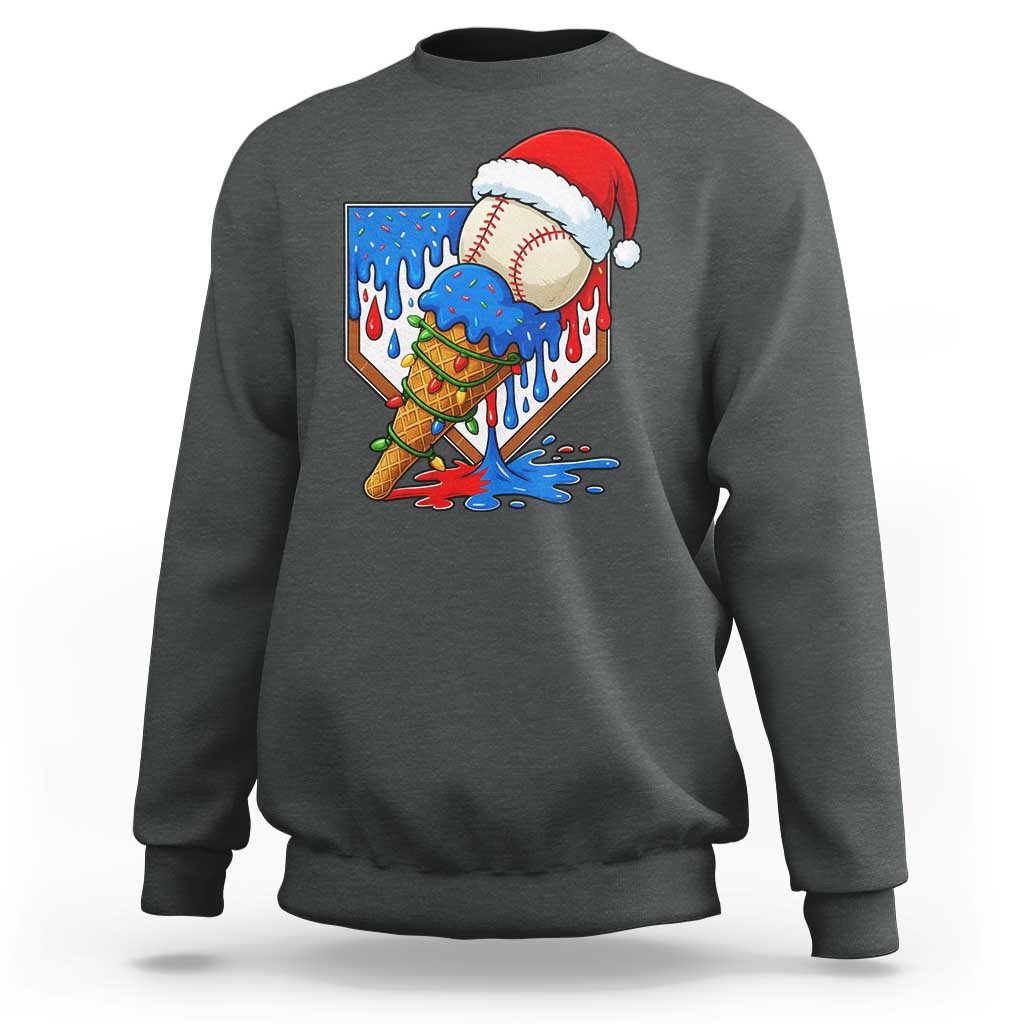 Christmas Baseball Ice Cream Drip Sweatshirt Santa Sports Player Xmas Light Boys Baseball Bat - Wonder Print Shop