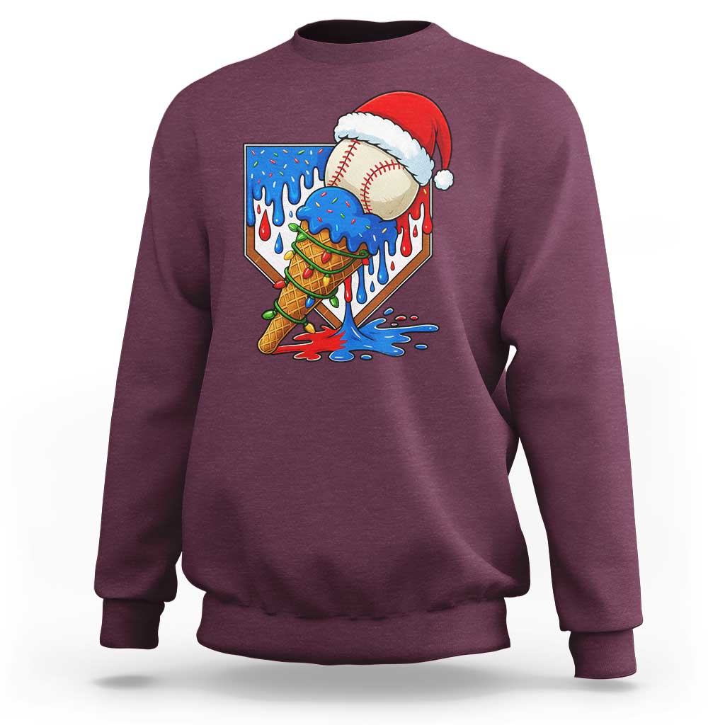 Christmas Baseball Ice Cream Drip Sweatshirt Santa Sports Player Xmas Light Boys Baseball Bat - Wonder Print Shop