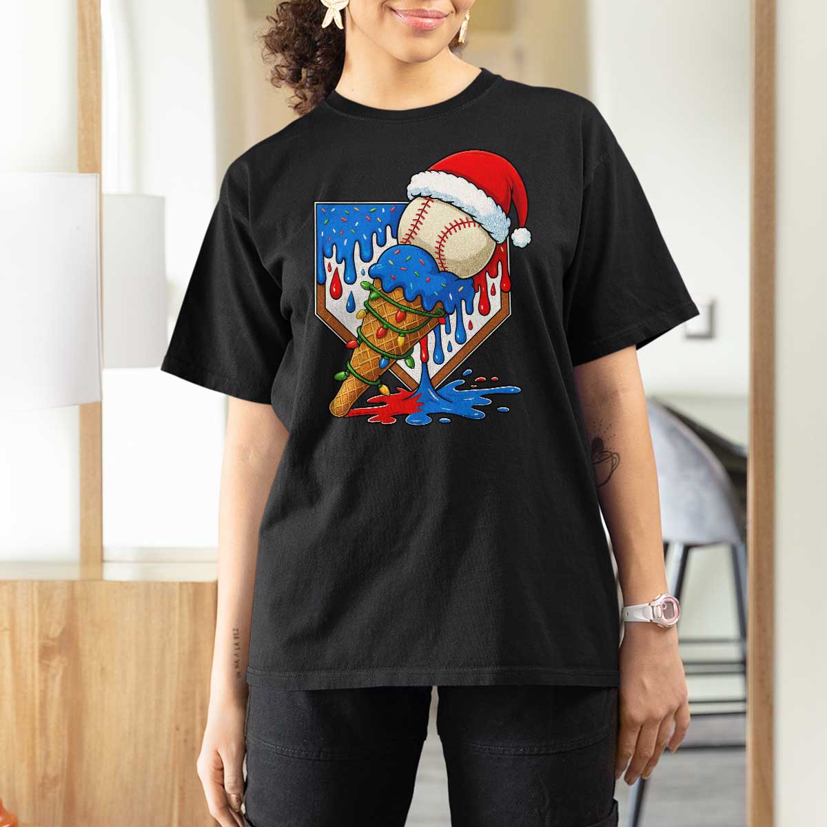 Christmas Baseball Ice Cream Drip T Shirt For Women Santa Sports Player Xmas Light Boys Baseball Bat - Wonder Print Shop