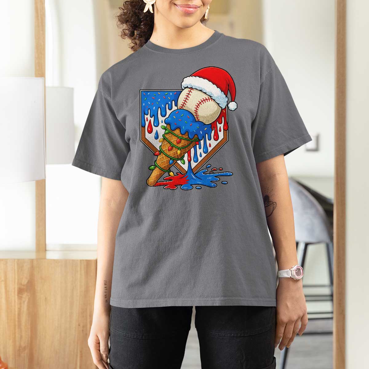 Christmas Baseball Ice Cream Drip T Shirt For Women Santa Sports Player Xmas Light Boys Baseball Bat - Wonder Print Shop